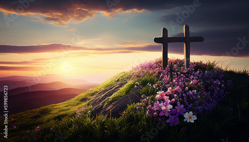 Photo Religious cross on hilltop with spring flowers and sunrise