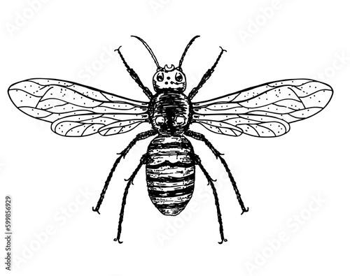 Illustration of a Hornet in a vintage sketch style. Hand drawn wasp isolated on white. Emblem of a bee, hornet, pest, sting Vector illustration isolated on a white background. © EVGENIY