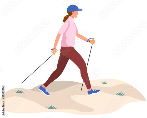 Woman doing nordic walking, exercising. A young woman walks on foot with walking sticks. Healthy lifestyle illustration in contemporary flat style. Vector.