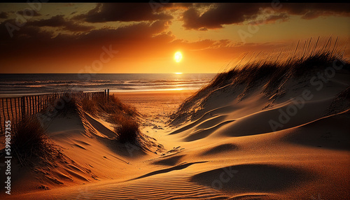 Sunset at the dune beach. Generative AI © mfz