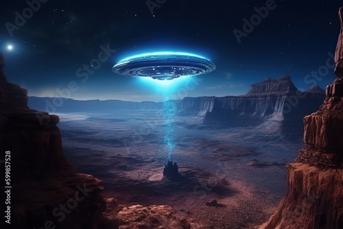 Fototapeta Naklejka Na Ścianę i Meble -  Ufo spaceship flying. Ai art