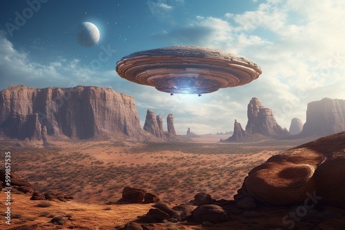 Fototapeta Naklejka Na Ścianę i Meble -  Ufo spaceship flying. Ai art