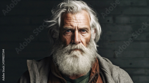 In a dim room, an aged Icelandic man with gray hair and beard poses, his eyes full of wisdom. Dramatic lighting amplifies his character and life's tales. Generative AI