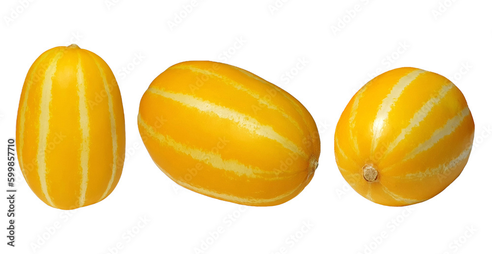 Summer Fruit and Vegetables Three Korean Yellow Melons (Chamoe) Isolated on a White Background - obrazy, fototapety, plakaty 