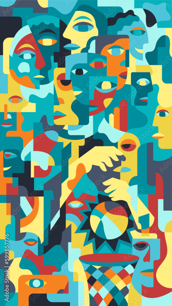 illustration of portrait playing basketball in abstract cubism style with cubist face, colorful abstract cubism