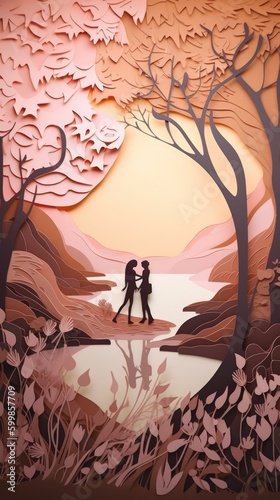 Lover and couple paper cut art with nature background. Generative AI