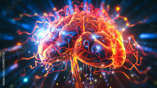 a close-up of a human brain with various electrical circuits highlighted in bright colors Generative AI