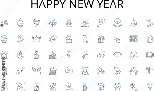 Happy new year line icons collection. Planning, Monitoring, Evaluation, Oversight, Coordination, Schedule, Budget vector and linear illustration. Resources,Risk,Change outline signs set
