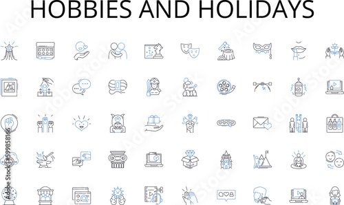 Hobbies and holidays line icons collection. Groceries, Produce, Meat, Dairy, Bakery, Deli, Prepared foods vector and linear illustration. Snacks,Beverages,Frozen foods outline signs set