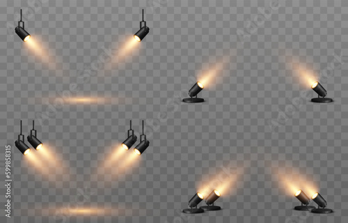 Vector set of light source. Light from a spotlight png. Studio, studio lighting png. Spotlight png. Yellow light. Light effect.