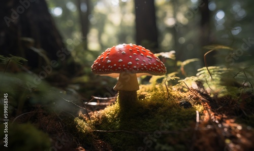  a red mushroom sitting on top of a moss covered forest floor. generative ai