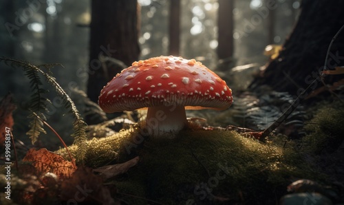  a mushroom in the middle of a forest with moss growing on it. generative ai