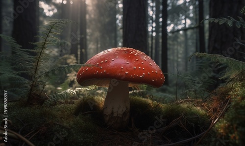  a red mushroom sitting in the middle of a forest filled with trees. generative ai