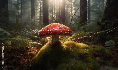  a red mushroom sitting on top of a lush green forest. generative ai