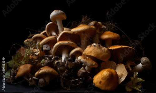 a pile of mushrooms sitting on top of a wooden table. generative ai