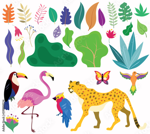 Tropical set of toucan, flamingo, cheetah, parrot and exotic leaves.