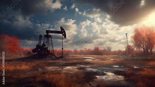 Oil field site, oil pumps are running. Oil pump. The oil pump, industrial equipment. Rocking machines for oil production. The concept of industry and production. Generative AI