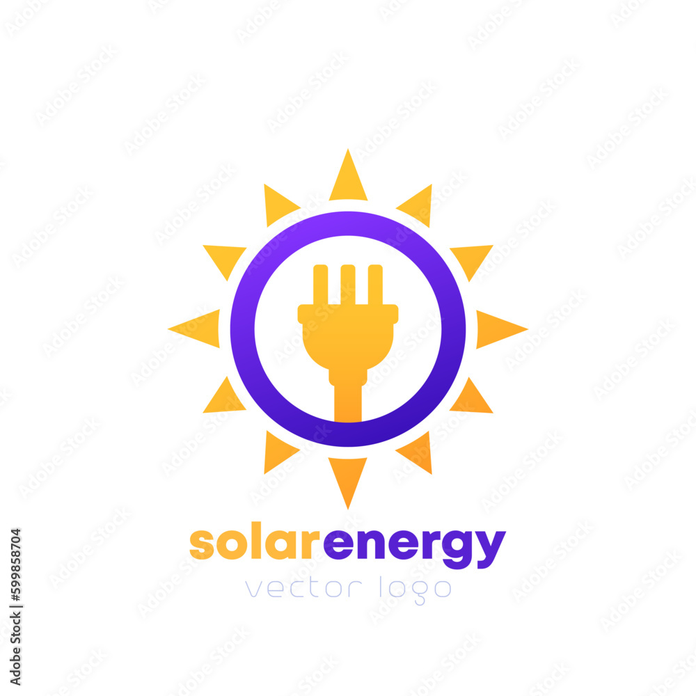 solar energy logo, sun and electric plug, vector design