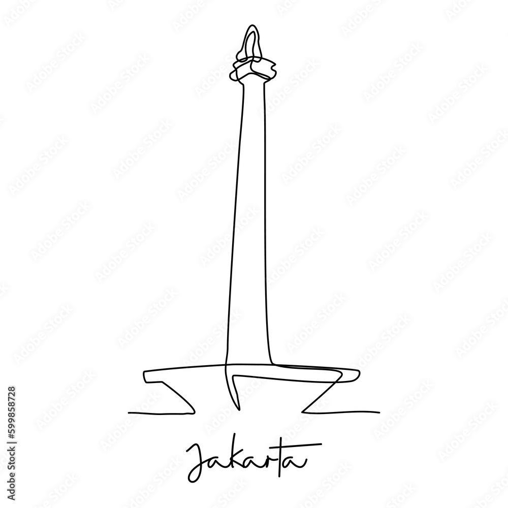 monas, the iconic building of jakarta the capital city of indonesia in vector single line drawing