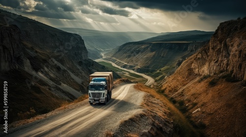 A cargo truck is driving on the highway against the backdrop of a landscape, a thundercloud in the sky. Cargo transportation concept. AI generated