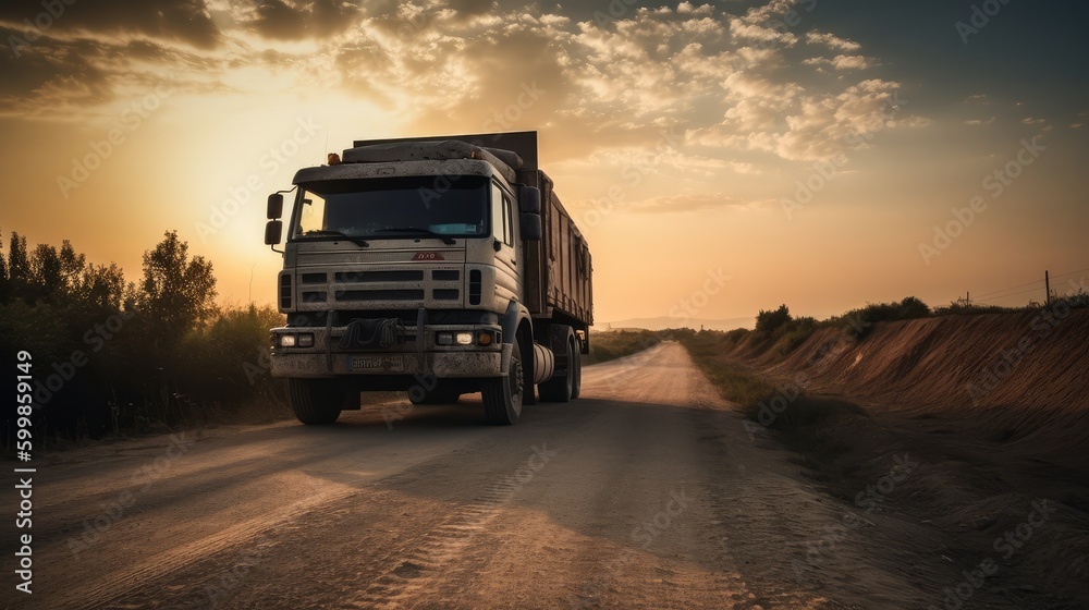 A cargo truck is driving along the highway against the backdrop of a landscape, evening. Cargo transportation concept. AI generated