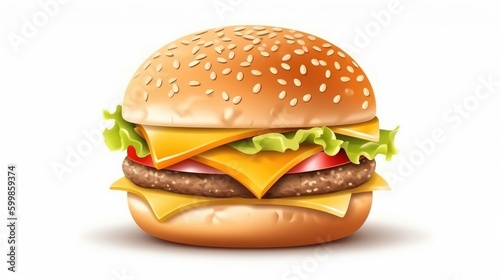 Delicious burger on a white background. Hamburger illustration. Fast food in a cafe. AI generated