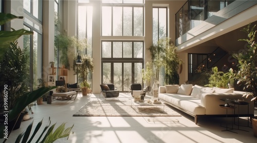 Modern interior design, in a spacious room. Bright, spacious room with a comfortable sofa, plants and elegant accessories. Luxury villa with sunlight streaming. Generative ai ©  AKA-RA