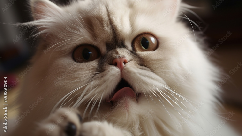 A Persian cat taking a selfie with the camera while meowing and smiling at the same time with the blurred background in the back A Persian cat taking a selfie with the camera while meowing and smiling at the same time with the blurred background in the back