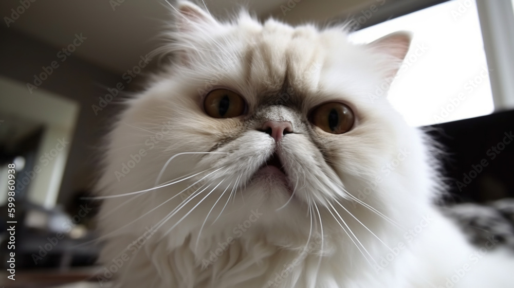 A Persian cat taking a selfie with the camera while meowing and smiling at the same time with the blurred background in the back