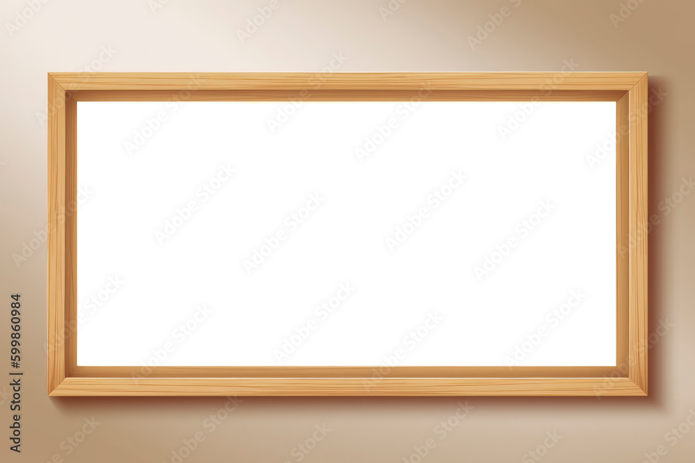 Generative AI illustration of Blank white wall with empty wooden frame,wide mockup