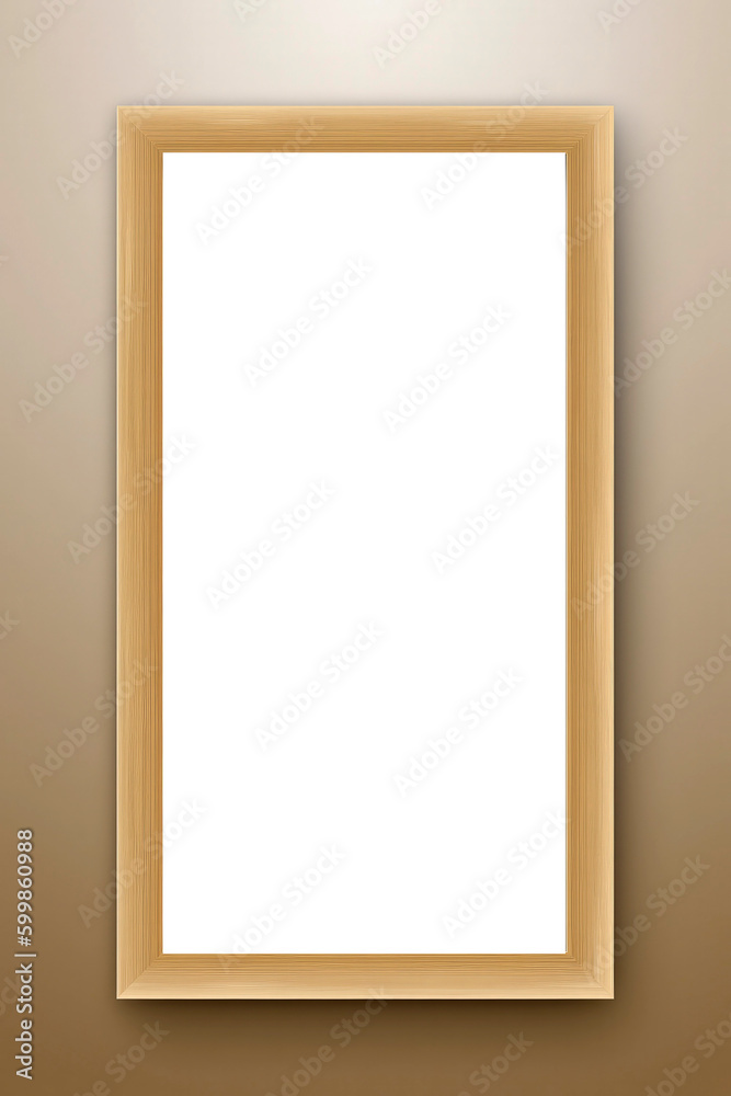 Generative AI illustration of Blank white wall with empty wooden frame,wide mockup Generative AI illustration of Blank white wall with empty wooden frame,wide mockup