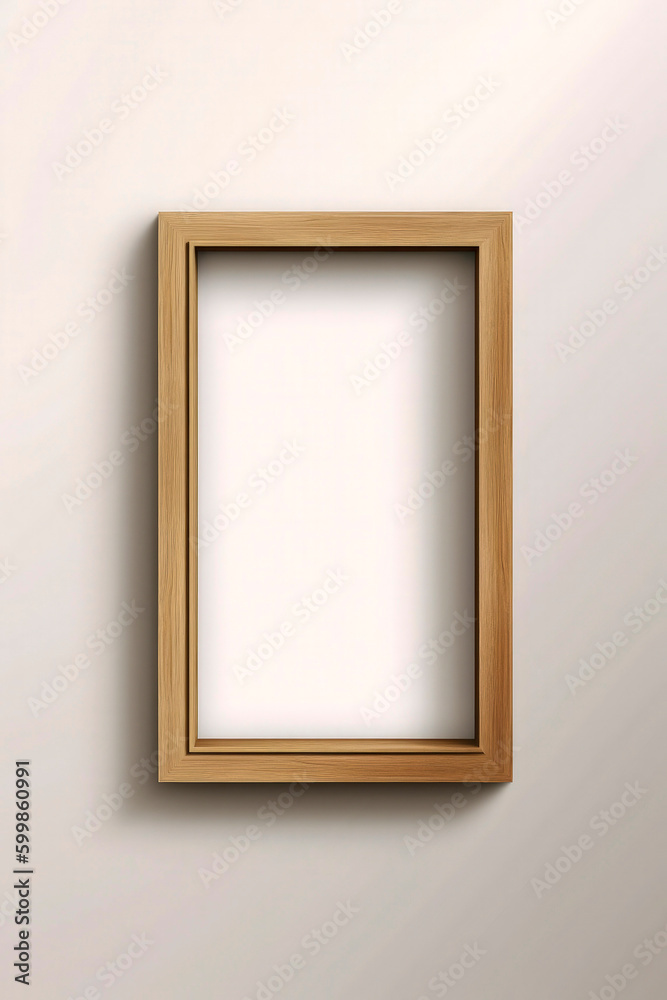 Generative AI illustration of Blank white wall with empty wooden frame,wide mockup Generative AI illustration of Blank white wall with empty wooden frame,wide mockup