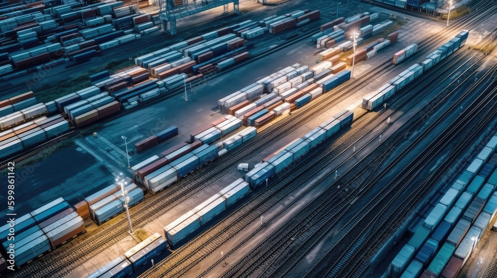Transportation of containers on the railway, top view. Business concept, cargo transportation. Transport logistics. AI generated Transportation of containers on the railway, top view. Business concept, cargo transportation. Transport logistics. AI generated