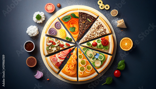 A pizza surrounded by different ingredients including a variety of different foods, Generative AI