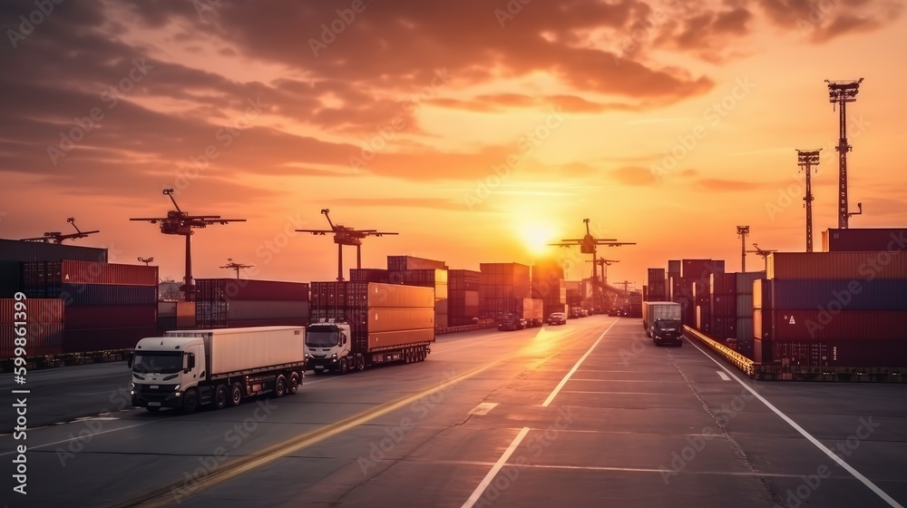 Transportation of containers on the road, evening city. Business concept, cargo transportation. Transport logistics. AI generated Transportation of containers on the road, evening city. Business concept, cargo transportation. Transport logistics. AI generated