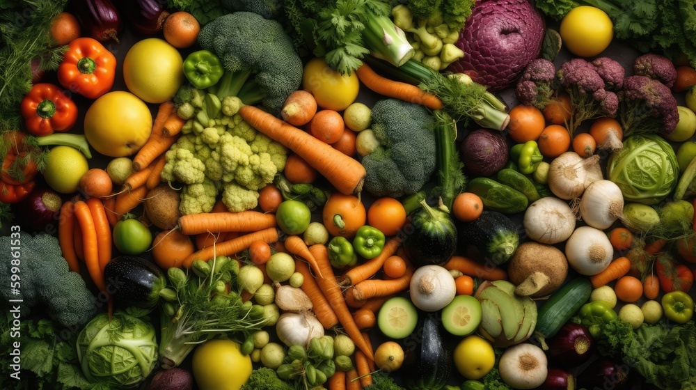 Top view of vegetables on the table. Vegetable background. AI generated Top view of vegetables on the table. Vegetable background. AI generated