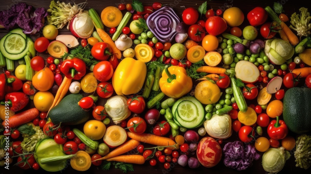 Food background with assortment of fresh organic vegetables. Vegetable background, top view. AI generated
