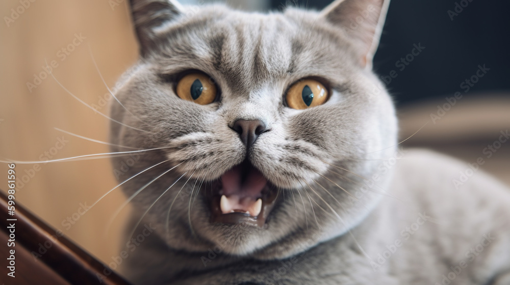 A British shorthair cat taking a selfie with the camera while meowing ...