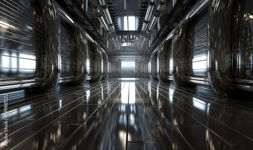  a long hallway with metal pipes and a light at the end. generative ai