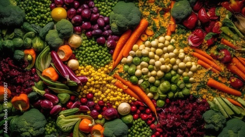 Top view of vegetables on the table, variety of peas and carrots. Vegetable background. AI generated