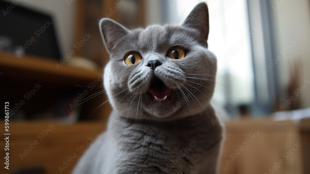 A British shorthair cat taking a selfie with the camera while meowing and smiling at the same time with the blurred background in the back A British shorthair cat taking a selfie with the camera while meowing and smiling at the same time with the blurred background in the back