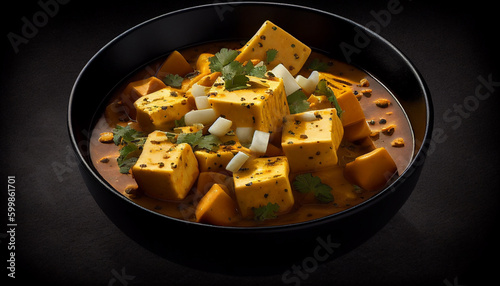 Exquisite Delicacy traditional Indian paneer butter masala in a bowl on black background, Generative AI
