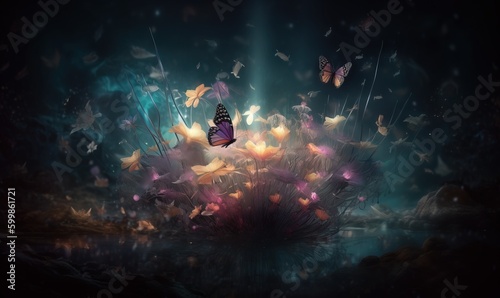  a bunch of butterflies flying around in the dark night sky.  generative ai