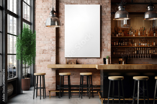Mockup of vertical empty poster in Loft bar interior