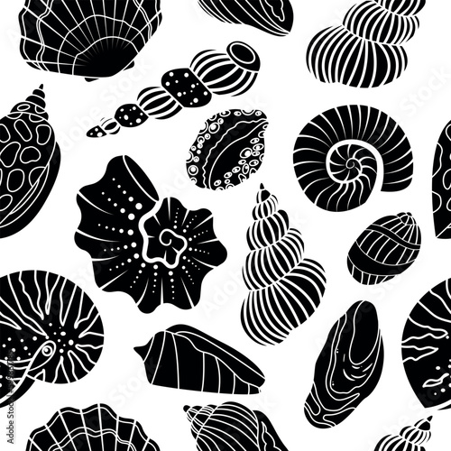 Sea shell sink silhouette seamless pattern. Ocean exotic underwater aquatic mollusk, sea spiral snail, marine starfish collection. Tropical beach shells nature aquatic water flat illustration