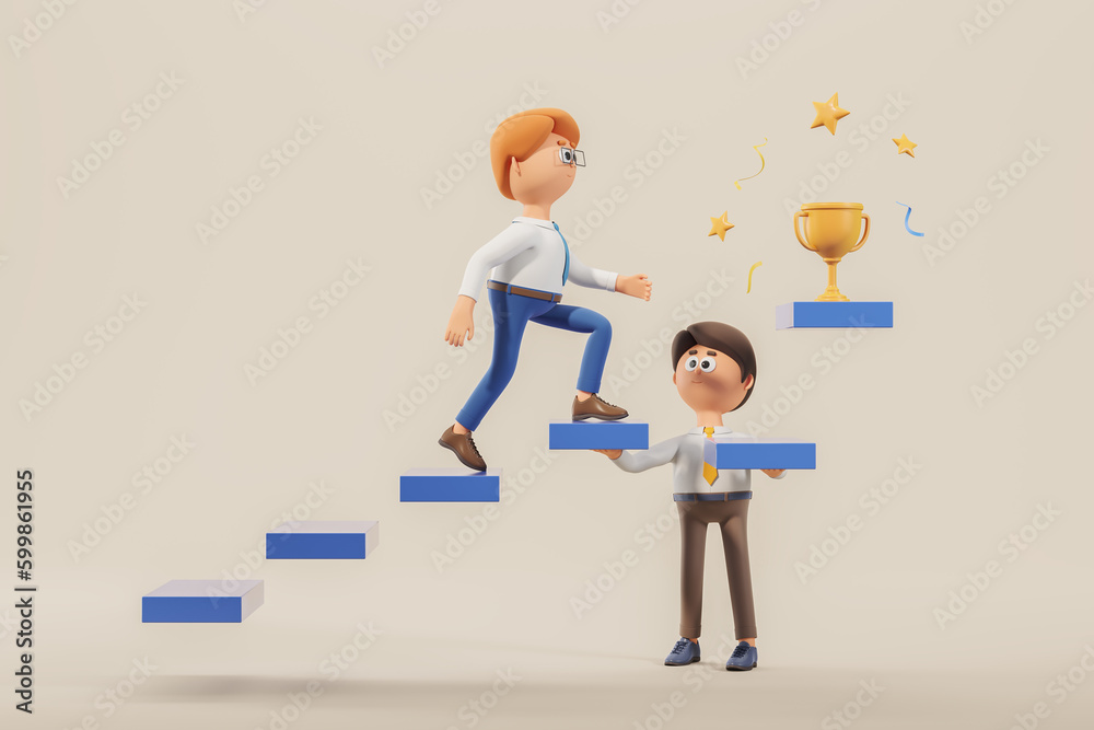 Man climbing stairs to trophy with colleague support