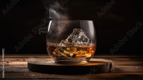 Whiskey in a glass with ice on a black background. Alcoholic beverage. AI generated