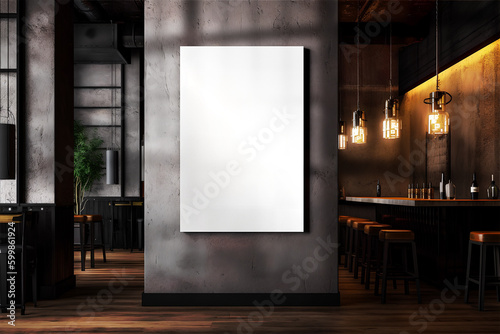 Mockup of vertical empty poster in Loft bar interior