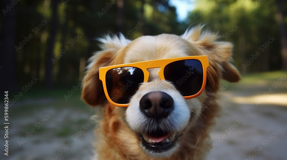 Picture of a dog taking a selfie with sunglasses with a blurred ...