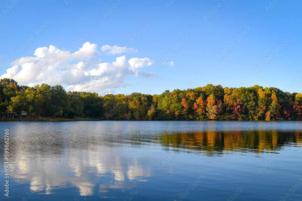 Fototapeta premium Beautiful sunny fall day at a lake in North Carolina.